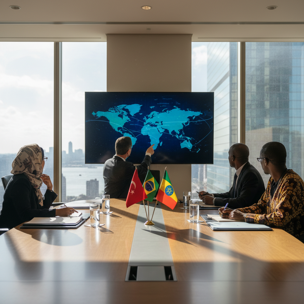 Diplomats from Türkiye, Brazil, and Ethiopia converse at a polished table during a climate summit in New York.