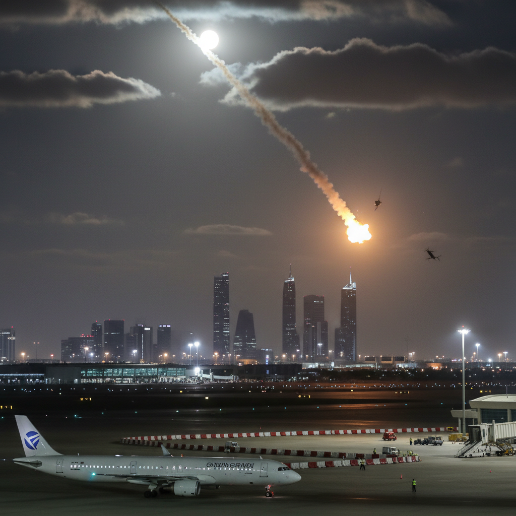 A white passenger jet climbs into a blue sky above the control tower at King Khalid International Airport.