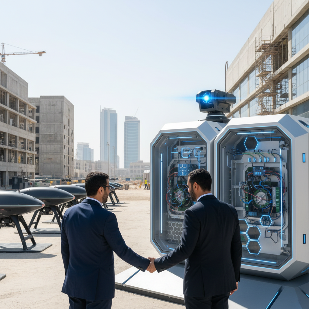 Two technicians examine a hydrogen fuel cell system inside a high-tech manufacturing facility in Abu Dhabi.