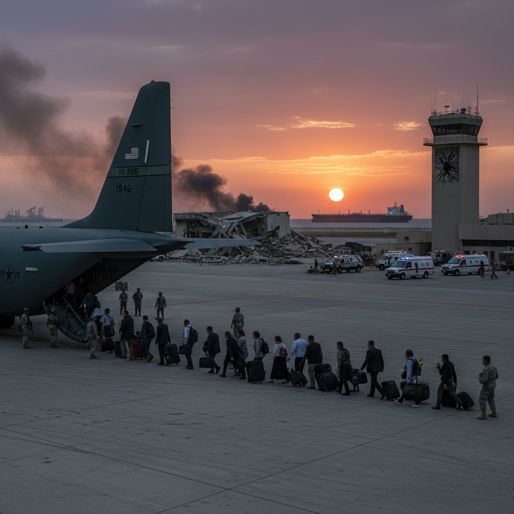 A crowded airport terminal filled with families carrying luggage stands before a large departure flight board.