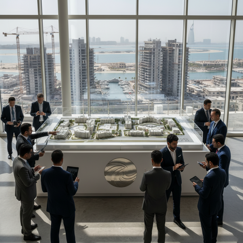 A sleek architectural rendering of the AQUORA residential tower overlooks a waterfront on Dubai Islands.