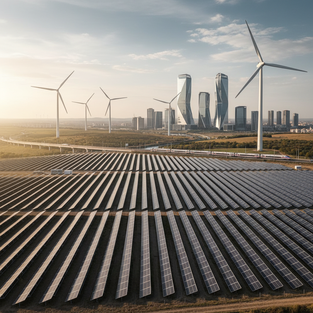 Sunlight reflects off a vast field of blue solar panels under a clear sky in a rural landscape.