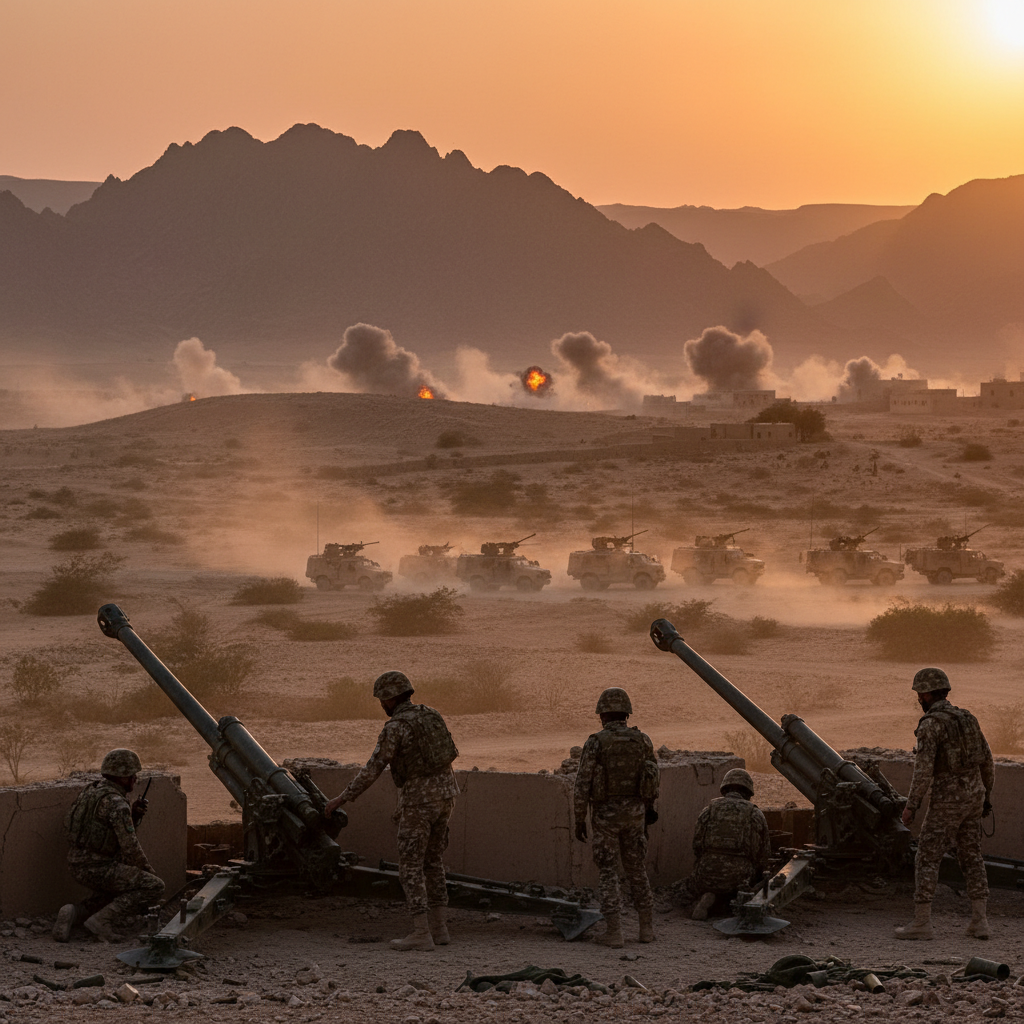 Smoke rises from a rugged mountain landscape following a series of military airstrikes in rural Yemen.