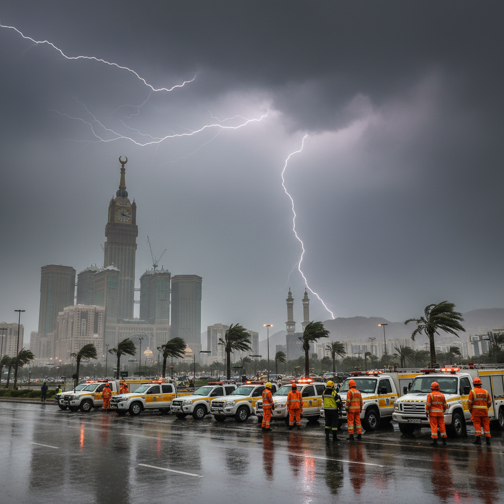 Dark storm clouds loom over the mountainous Asir landscape as heavy rain begins to fall on a winding road.