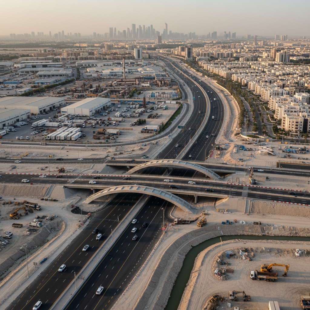 A wide multi-lane expressway features heavy vehicle traffic passing under a modern concrete bridge in Abu Dhabi.