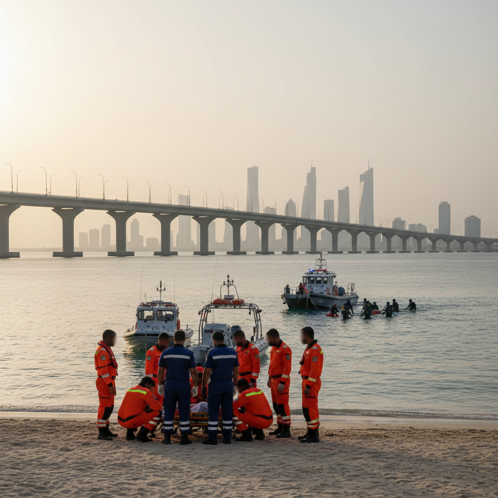 Emergency responders stand near a patrol boat at a harbor during an evening investigation near the water.
