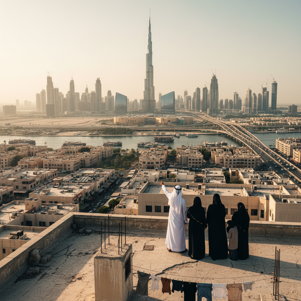 A multi-generational family stands smiling together against the modern Dubai skyline and a busy urban street.