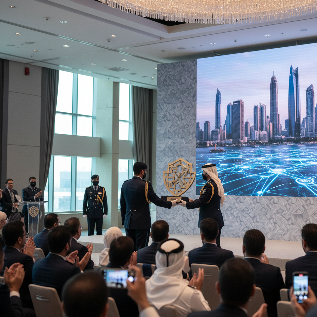 A Dubai Police officer in a white dress uniform accepts an award trophy on a stage during a ceremony in Seoul.