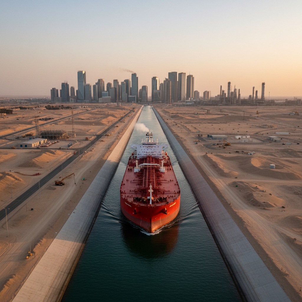 An oil tanker moves across calm ocean waters during sunset, representing the flow of Middle East crude exports.