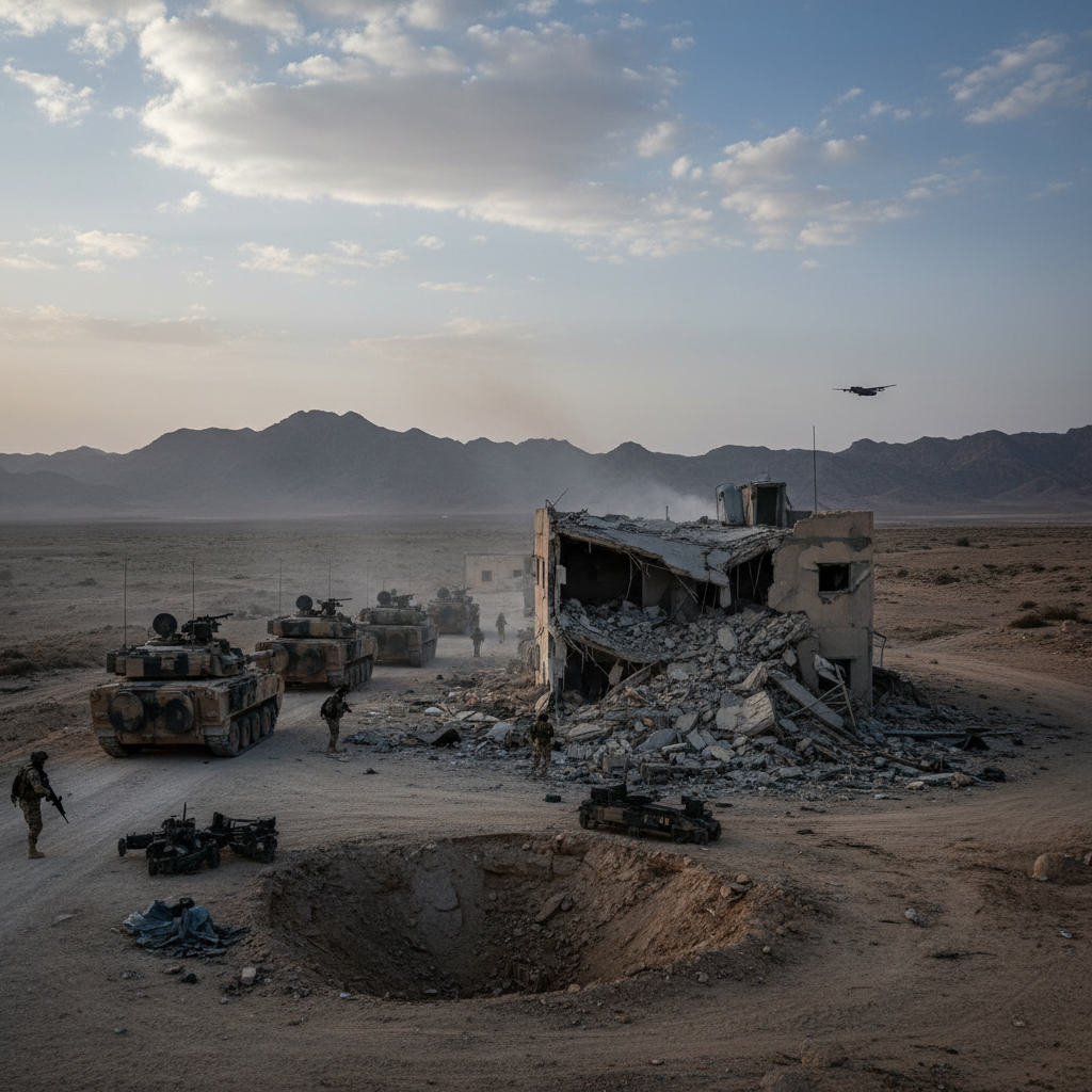 Thick black smoke rises from a cluster of buildings in a desert landscape following an aerial strike.