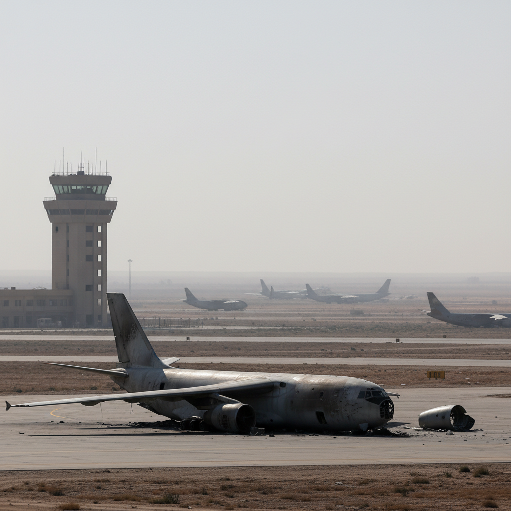 A commercial airplane glides past a control tower against a hazy sky at a busy international airport.
