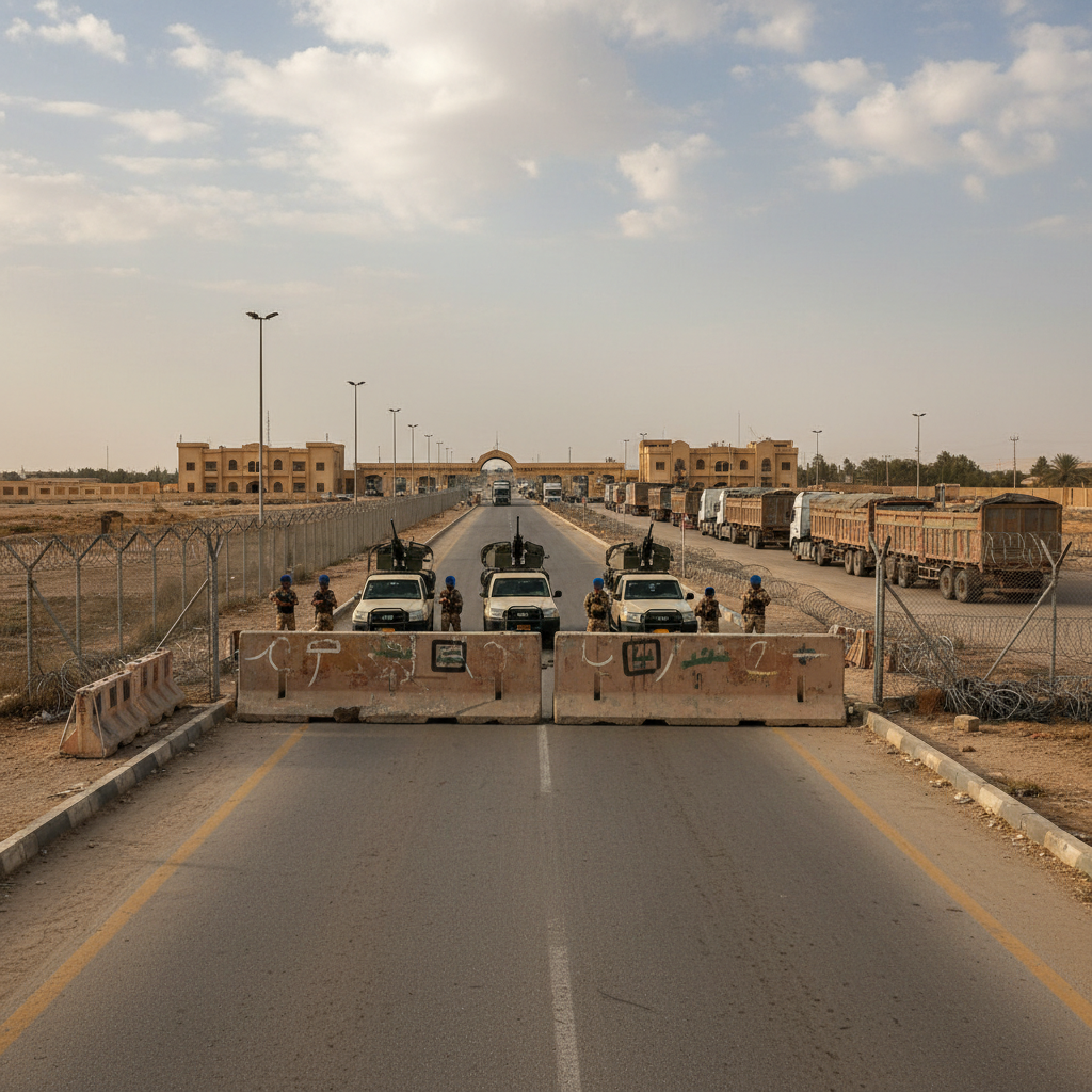 A concrete barrier and metal gate stand closed at the Al Sheeb border crossing between Iraq and Iran.