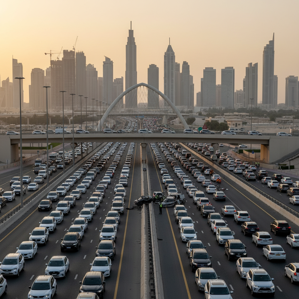 Rows of vehicles sit in a standstill on a multi-lane Dubai highway as emergency lights flicker near a bridge.