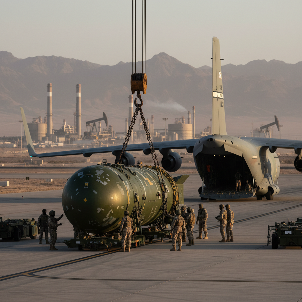 A massive GBU-43/B Massive Ordnance Air Blast bomb rests on a transport cradle inside a military hangar.