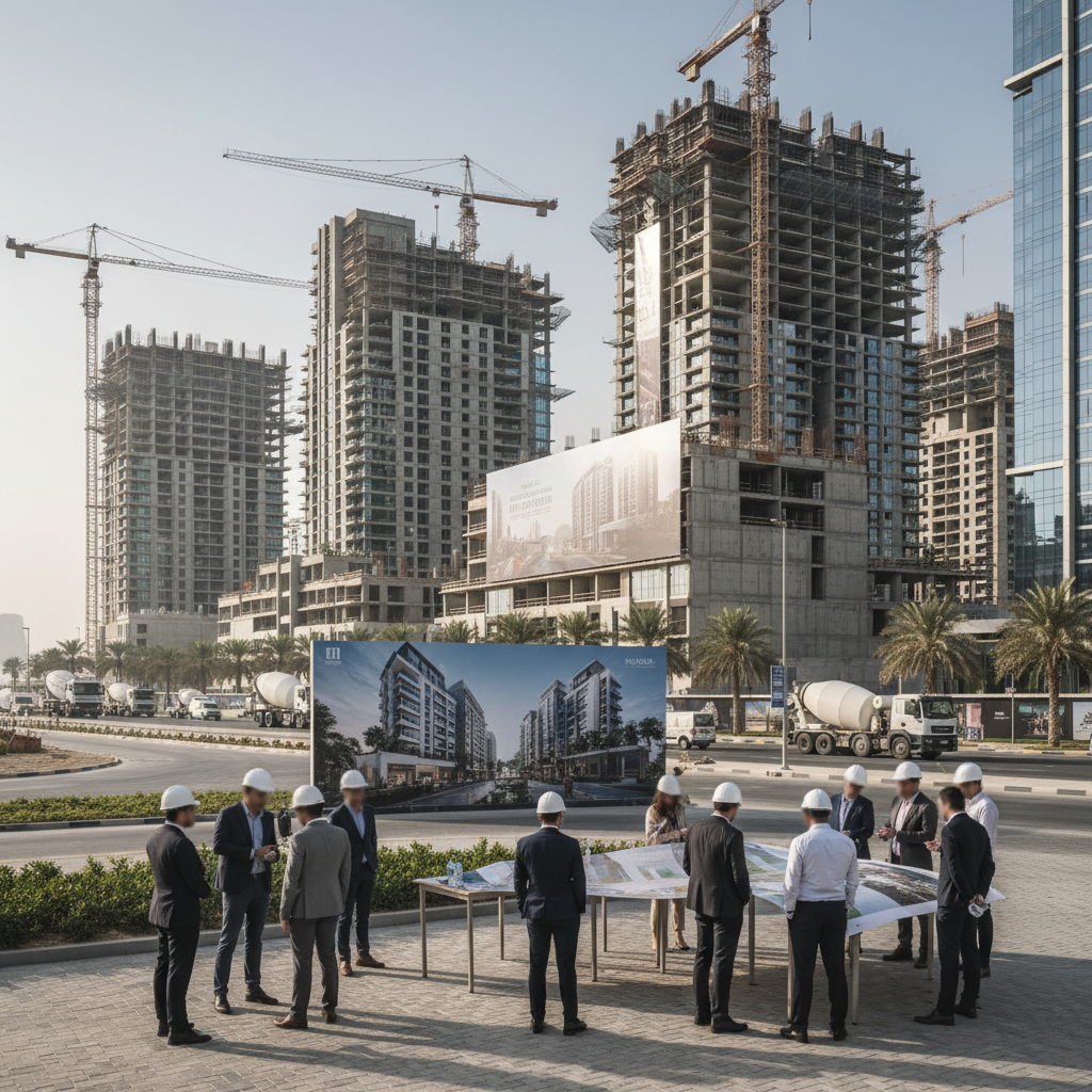 A sleek, modern apartment complex stands against the Dubai skyline with glass balconies and palm trees at its base.