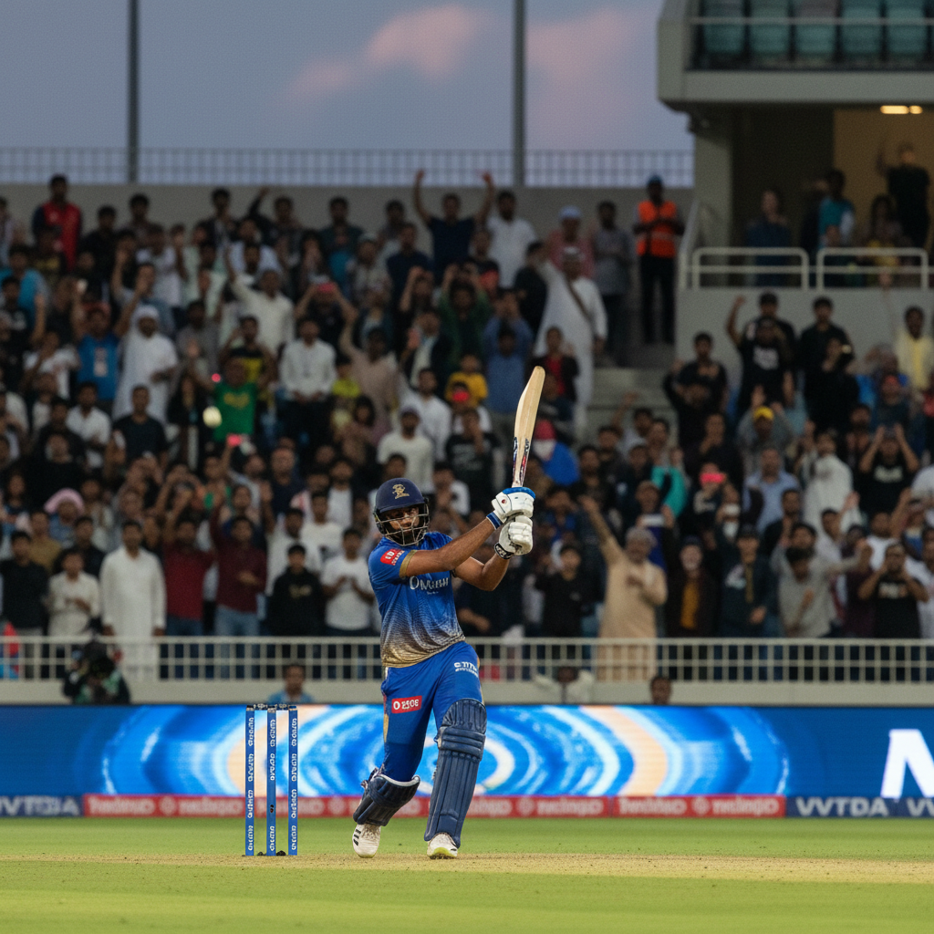 Batsman Muhammad Waseem follows through on a powerful cricket shot while wearing his blue MI Emirates jersey.