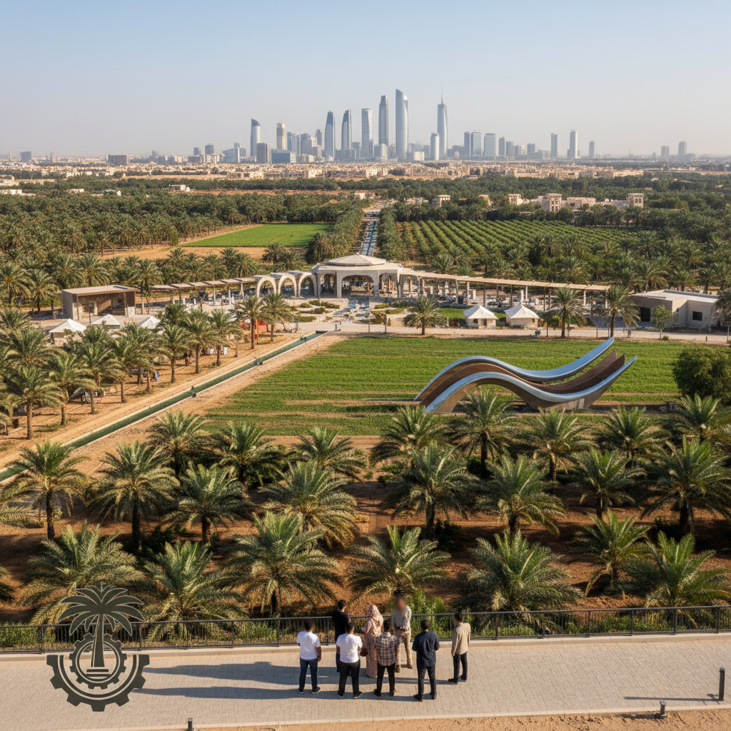 Lush palm trees and traditional irrigation channels wind through a sunlit agricultural estate in Al Ain.