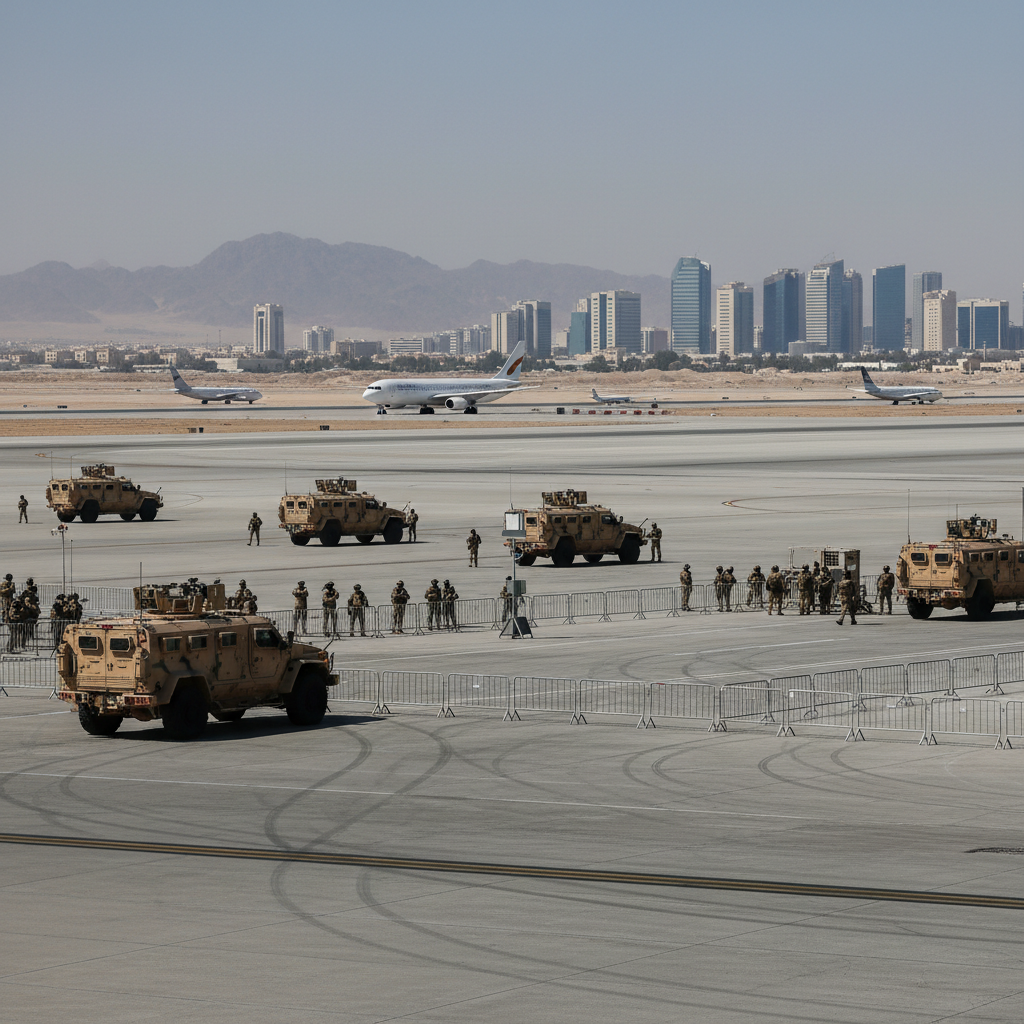 Armored military vehicles park on the tarmac at Ras Al Khaimah International Airport during a scheduled police drill.