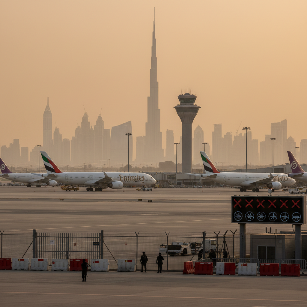 An Emirates airliner taxis on a sunlit runway at an international airport against a backdrop of desert haze.