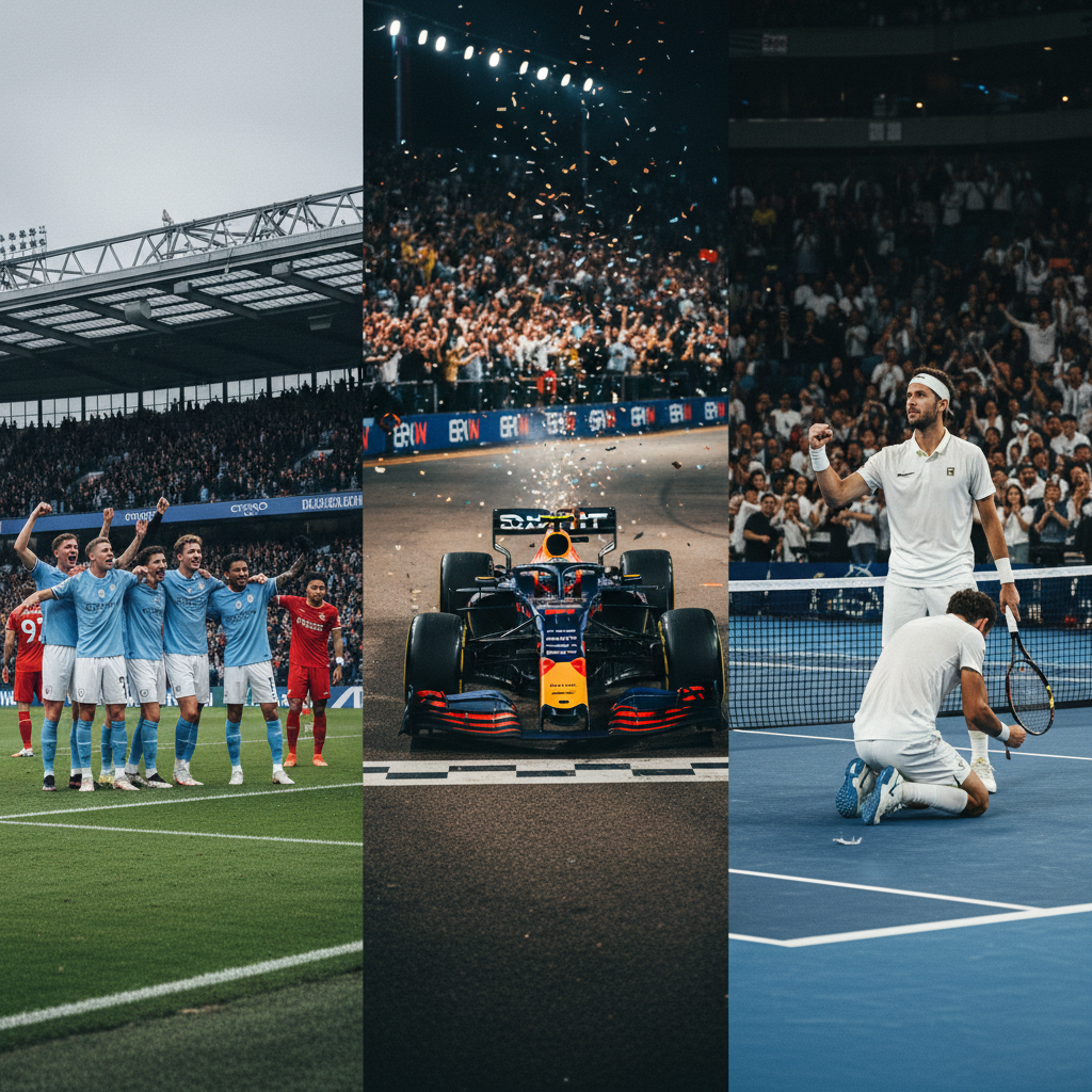 Split-screen composition featuring Manchester City players celebrating, Max Verstappen in his car, and Novak Djokovic.