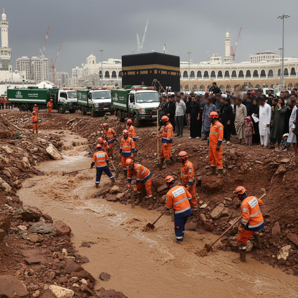 Rescue workers search a debris-filled wadi in Mecca as floodwaters recede following a deadly storm.