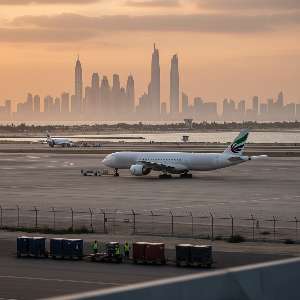 A commercial airplane taxis on a sunlit runway at a busy international airport during regional flight schedule changes.