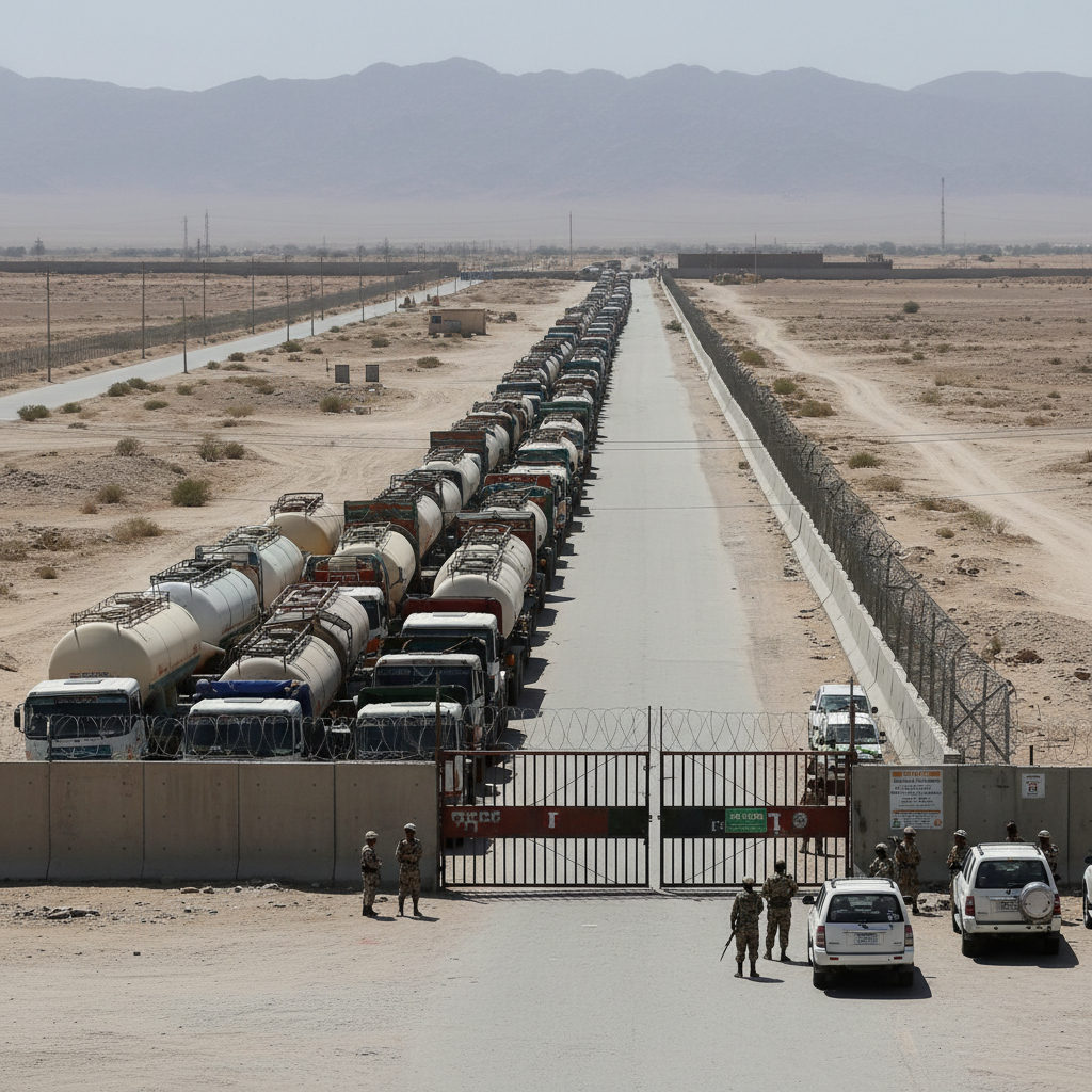 A long line of heavy cargo trucks sits stationary on a paved highway near the mountainous Pakistan-Iran border.