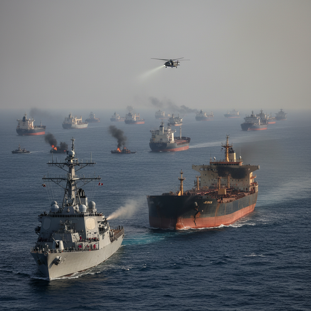 A grey American destroyer cuts through choppy dark blue water while escorting a fleet of large cargo ships.