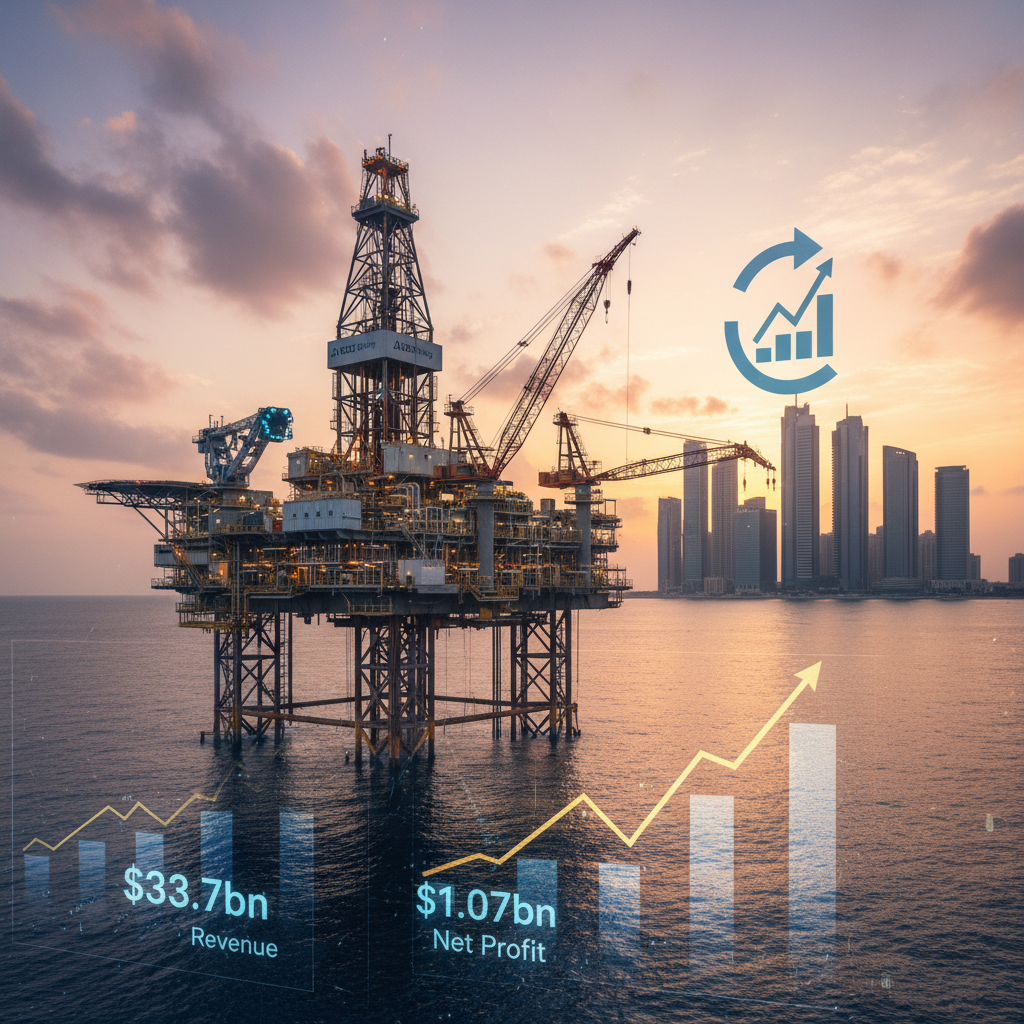 A massive industrial oil rig stands in a vast desert landscape under a clear sky during bright daylight.