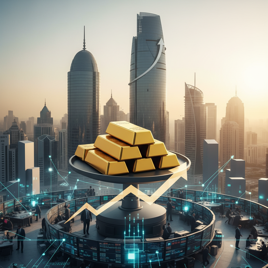 A stack of shiny gold bars sits in a vault, representing Qatar's growing national financial reserves.