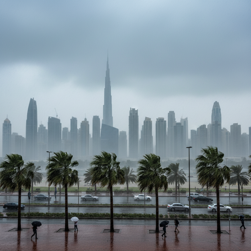 Palm trees sway violently against a dark, cloudy sky as heavy rain blurs a modern city skyline during a storm.