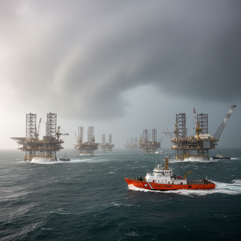 Massive waves crash against the steel legs of a towering offshore oil platform under dark, stormy skies.