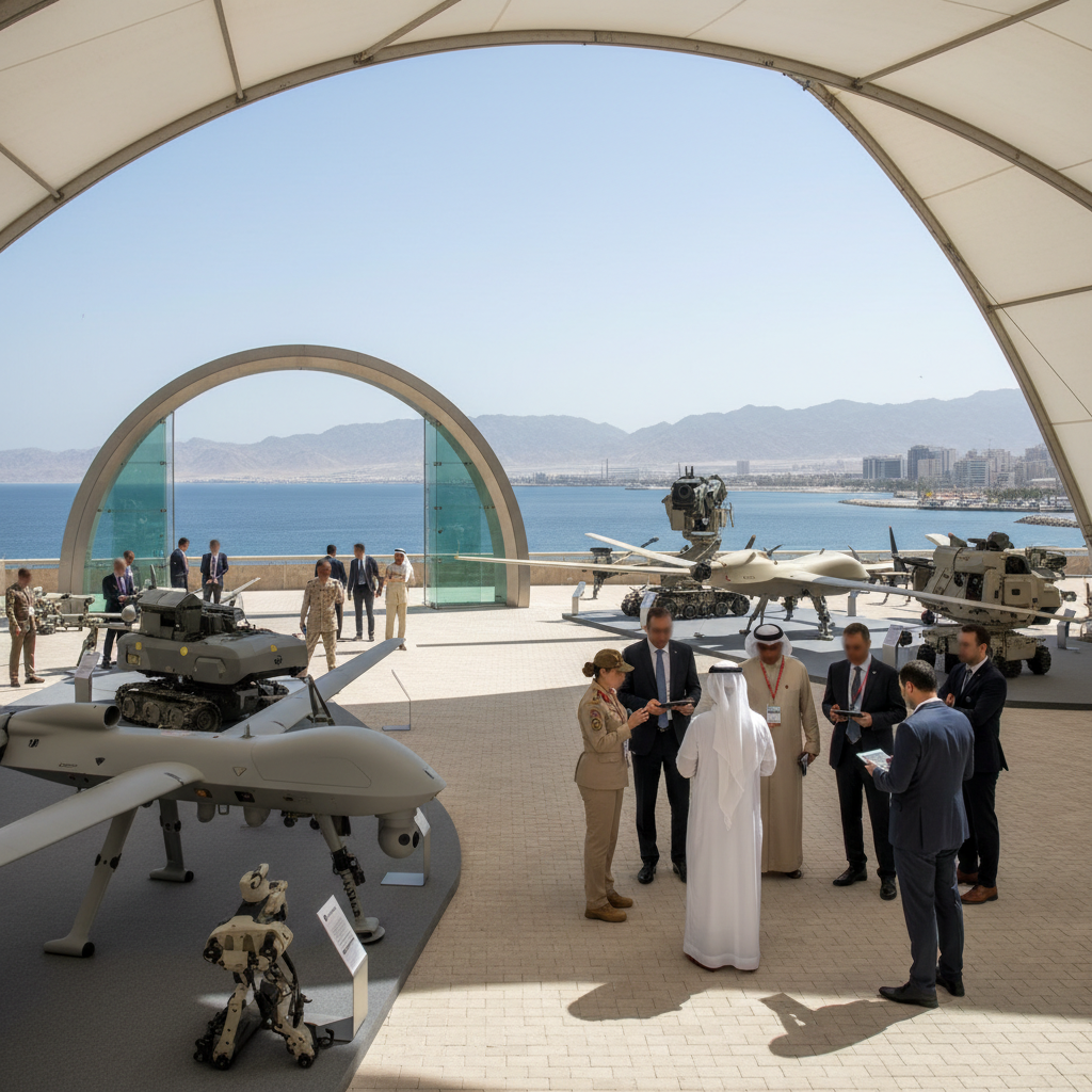 A group of officials stands before a modern military pavilion featuring advanced defense technology and drones.