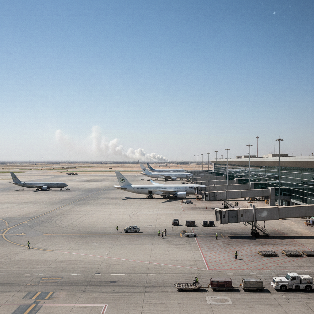 Ground crew members guide a commercial airliner across the tarmac at King Khalid International Airport in Riyadh.