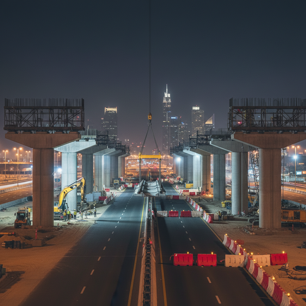 Heavy machinery and construction crews work on a multi-lane highway under bright stadium lights during a night shift.