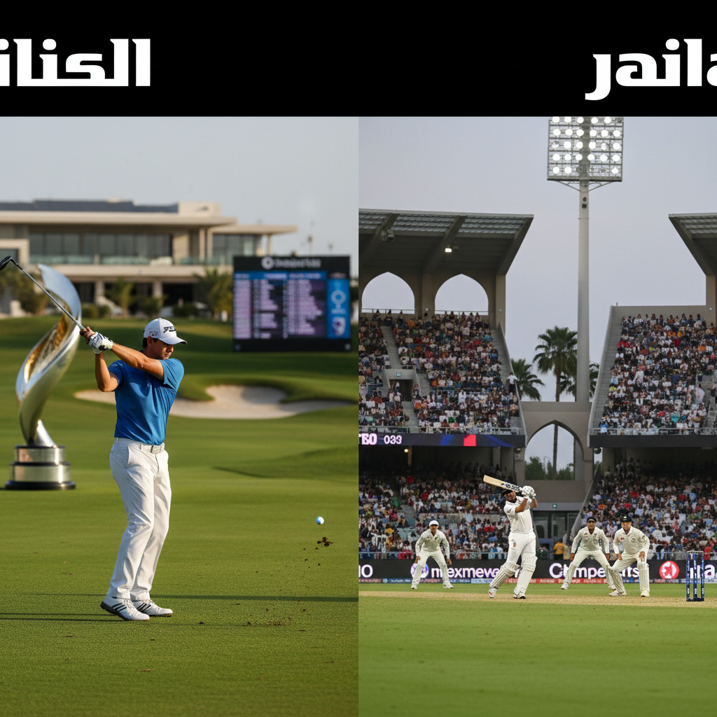 Rory McIlroy swings a golf club on a green course while cricketers play a match under bright stadium lights.