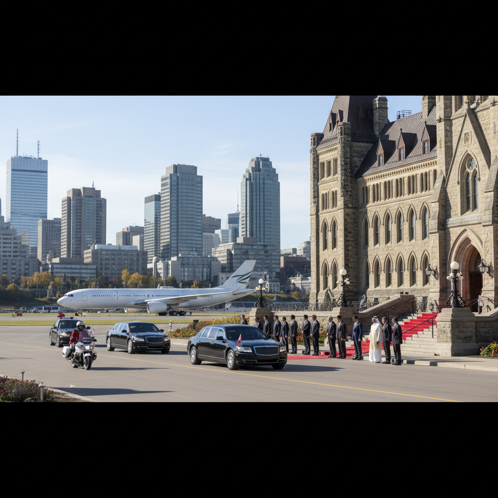 Sheikh Khaled bin Mohamed walks down airplane stairs onto a red carpet to greet Canadian officials in Ottawa.