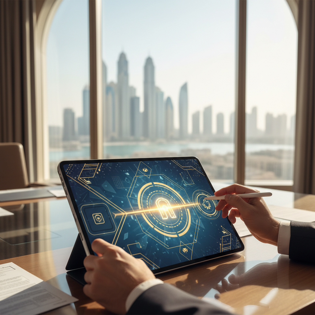 A person uses a laptop displaying the official UAE ICP portal to apply for a long-term residency Golden Visa.
