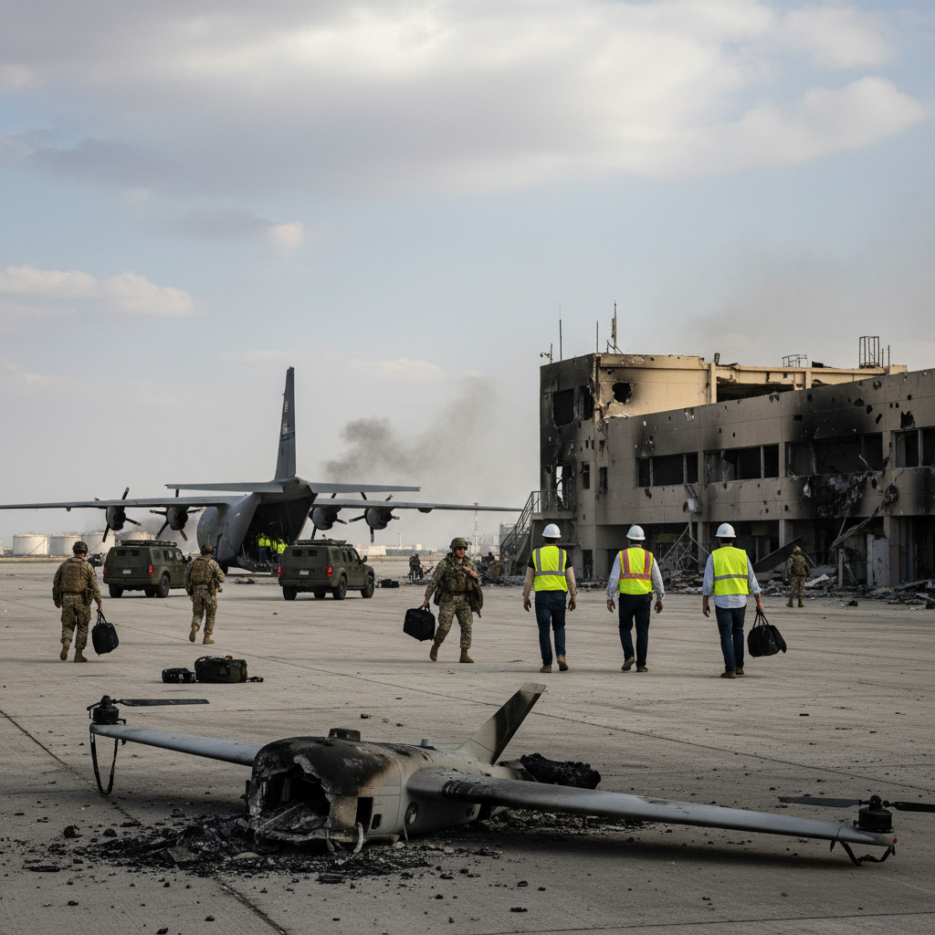Thick black smoke rises from a burning oil facility after a drone strike against a backdrop of hazy desert skies.