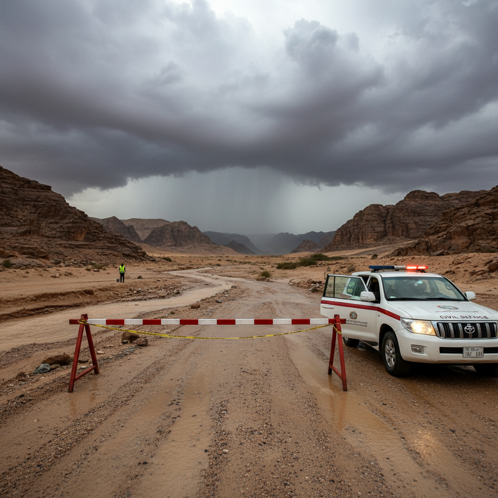 Dark storm clouds loom over a flooded Saudi Arabian roadway as heavy rain falls during a severe weather alert.