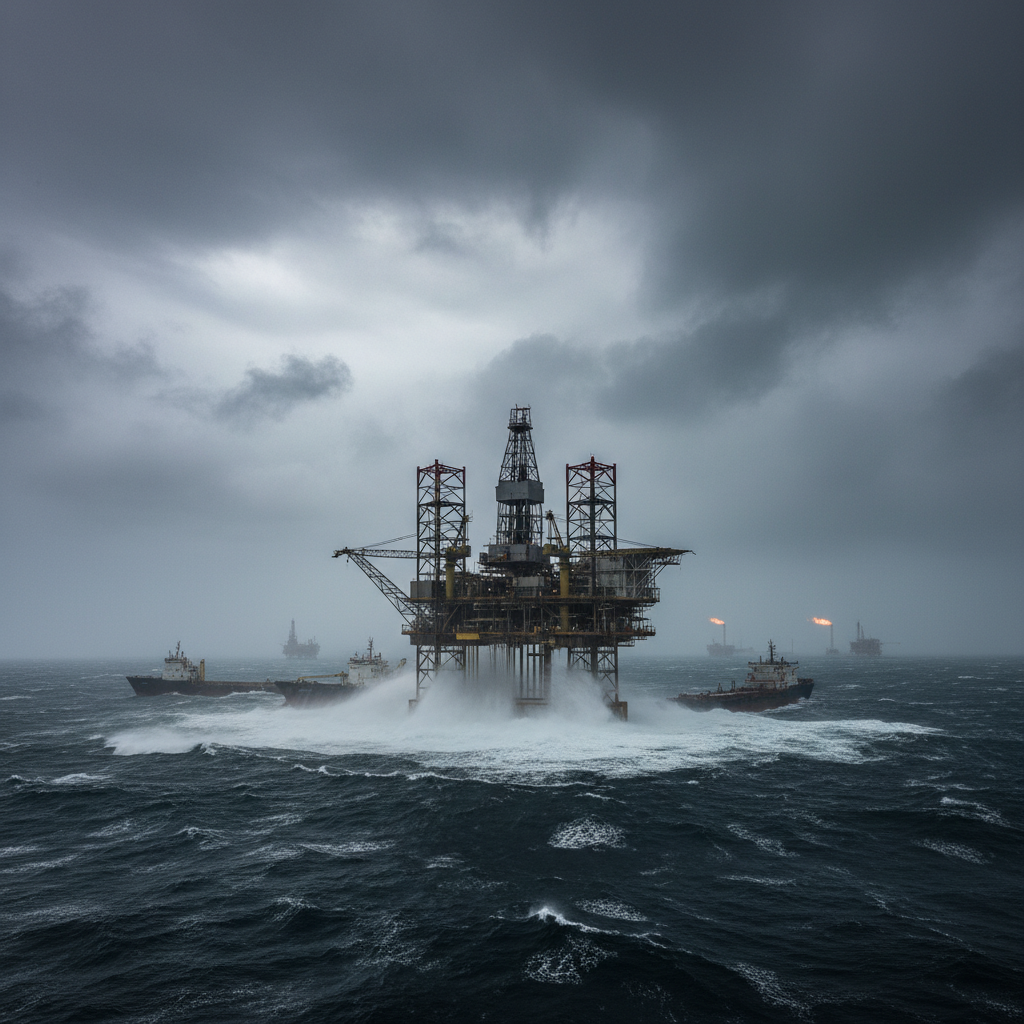 An offshore oil rig stands in dark, choppy waters under a heavy gray sky during a powerful storm.