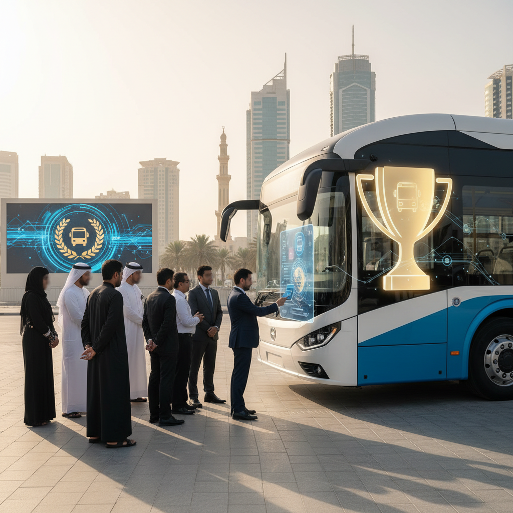 A commuter taps a contactless bank card on a digital payment terminal inside a modern public bus in Ajman.