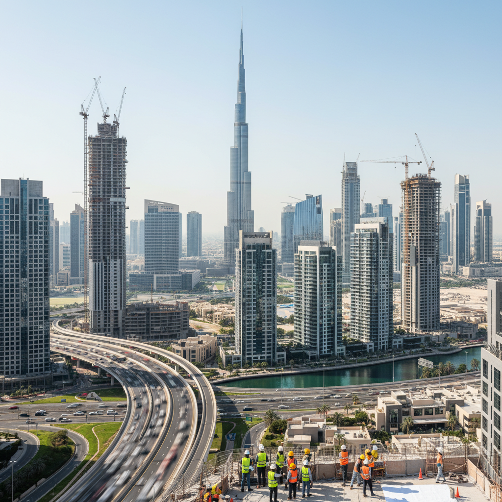Modern skyscrapers and high-rise apartment buildings line a busy highway in the dense urban center of Dubai.