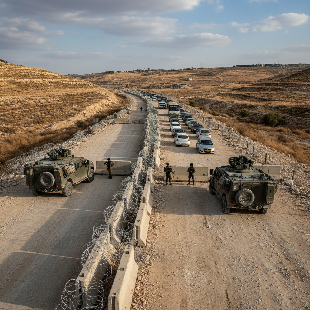 Israeli soldiers stand guard at a concrete road blockade overlooking a rural valley in the West Bank.