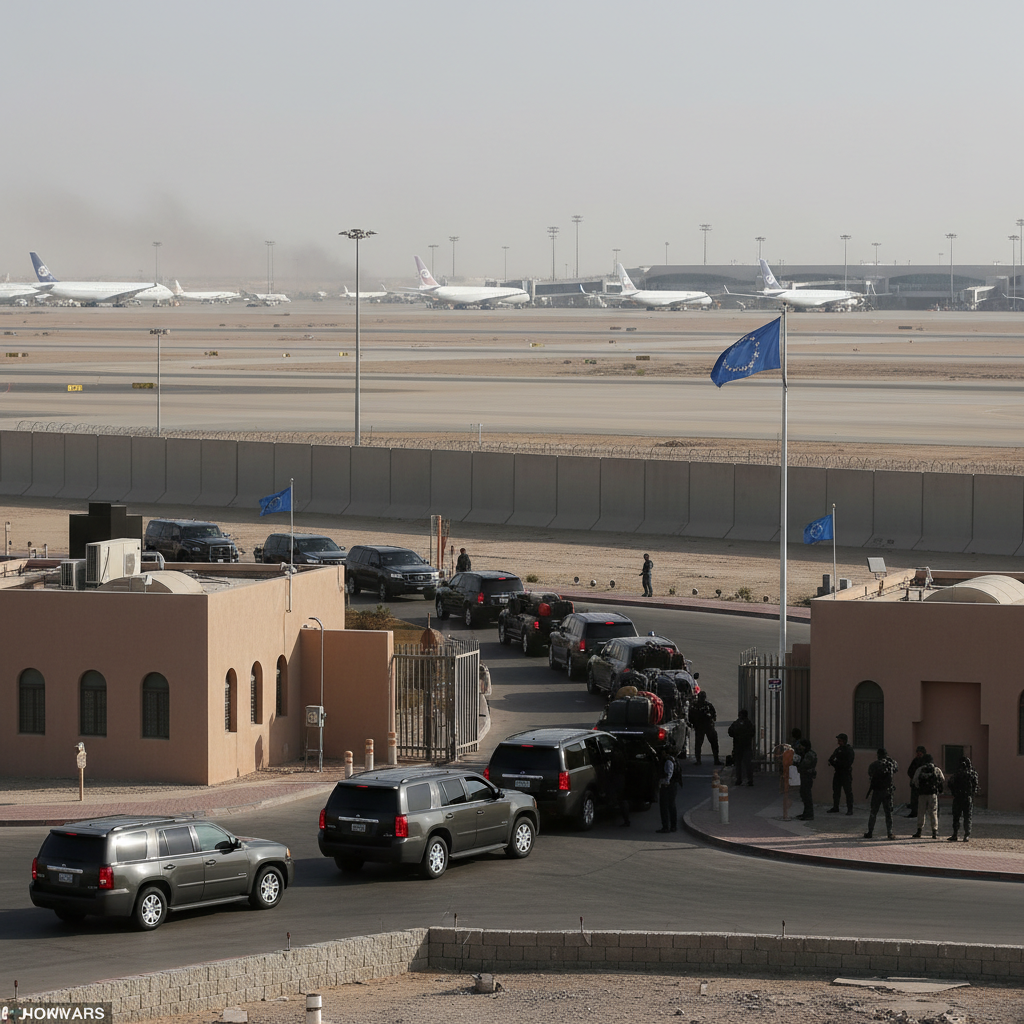 A U.S. flag flies outside the embassy in Riyadh against a clear sky, symbolizing diplomatic movements in Saudi Arabia.