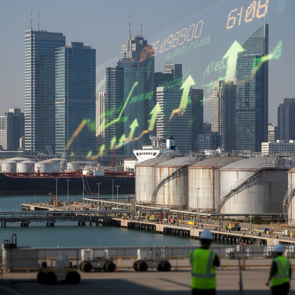 A close-up shot of a digital stock market display showing Brent crude prices rising against a dark background.