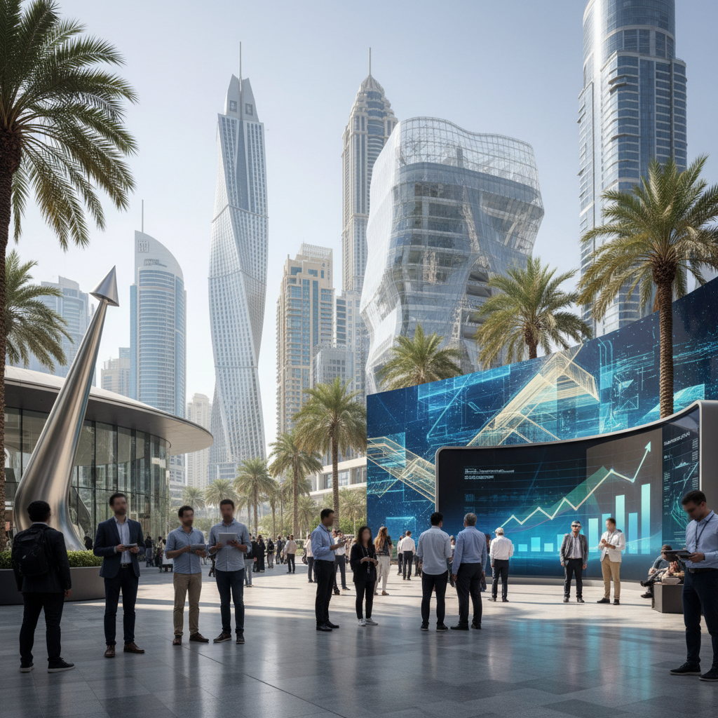 Modern skyscrapers and construction cranes line the Dubai skyline under a bright, clear blue sky.