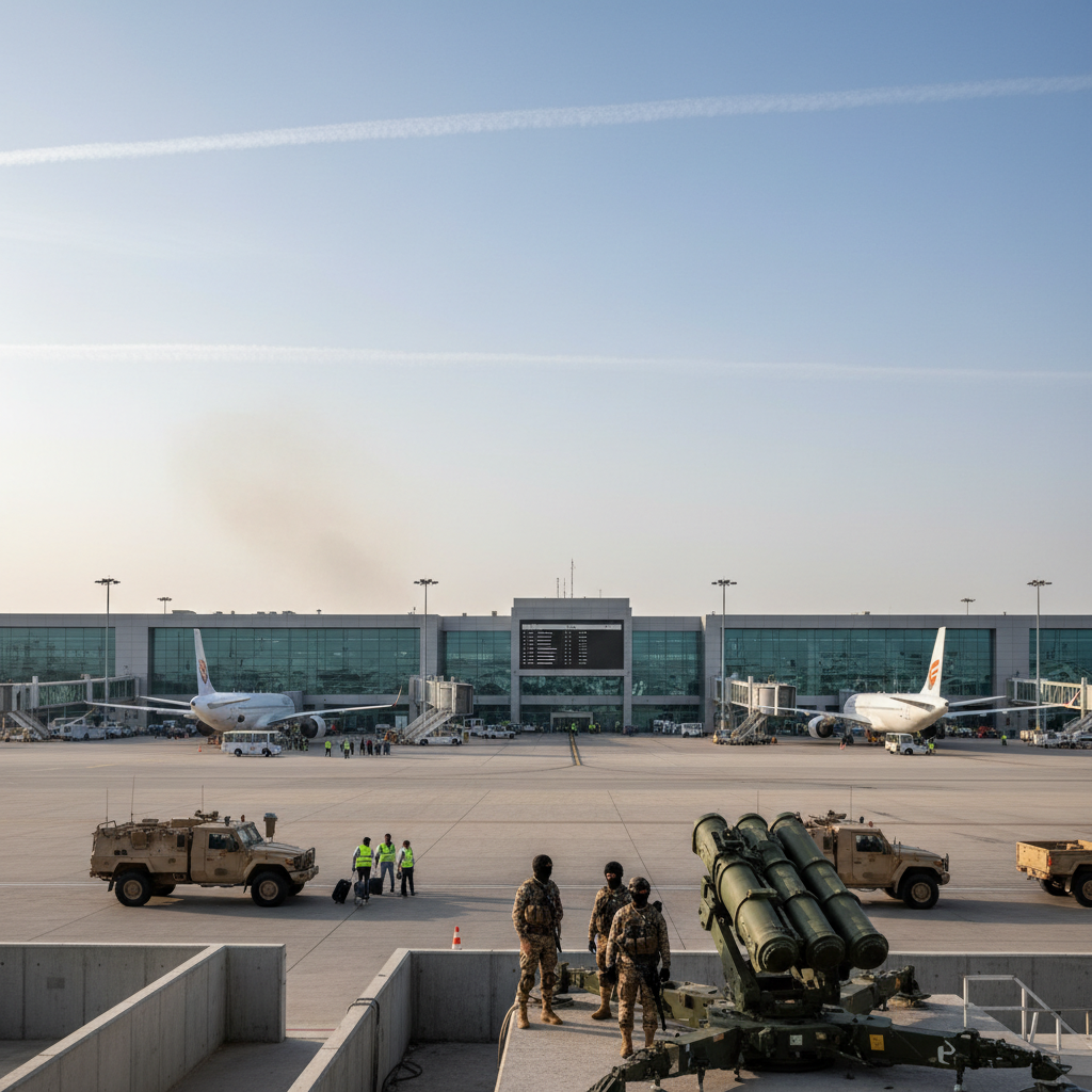 Exterior view of the control tower and terminals at King Khalid International Airport under a clear blue sky.