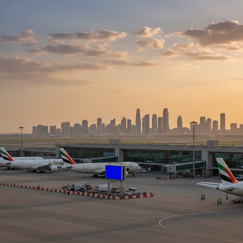 A commercial airplane sits parked on a tarmac at sunset as ground crew members work near the terminal.