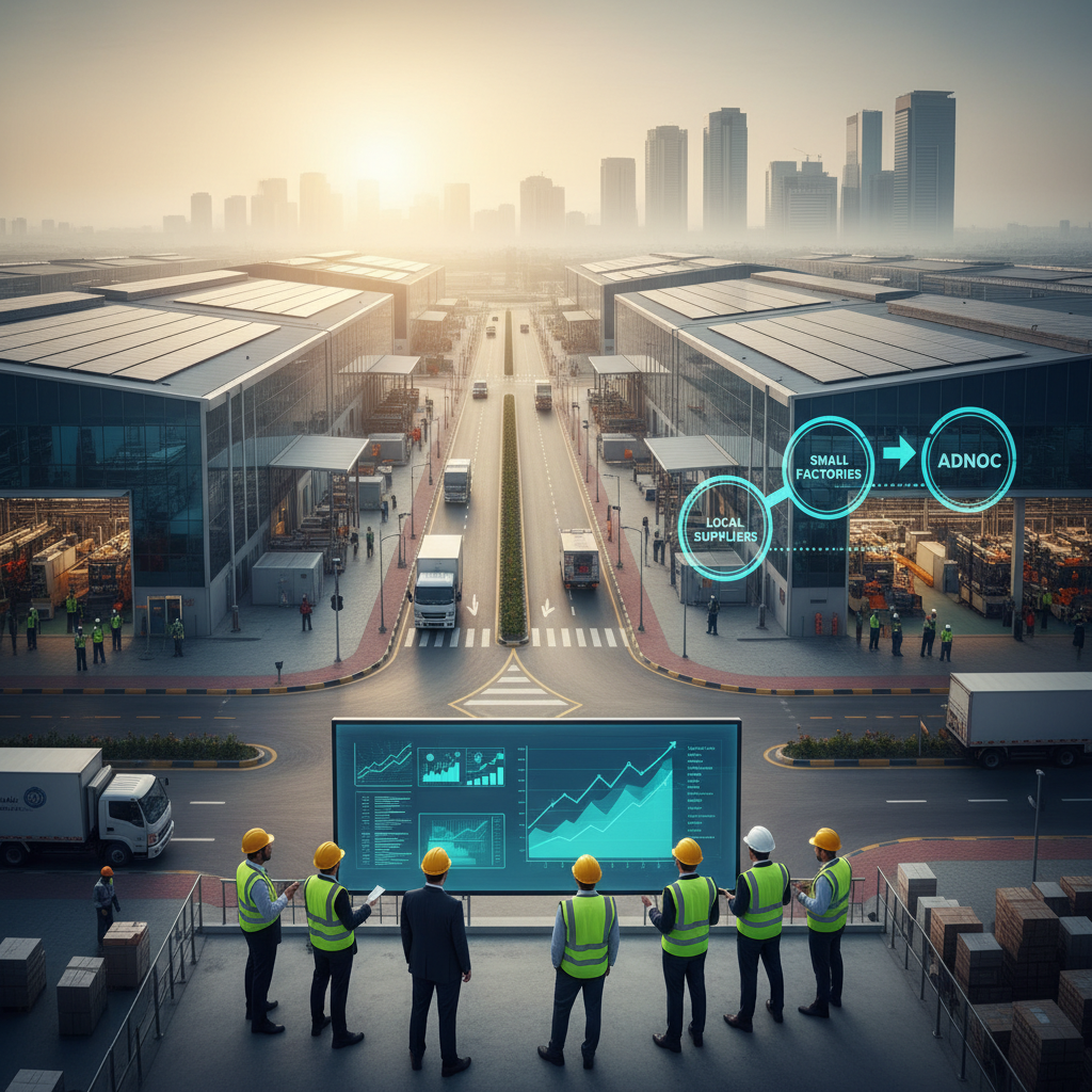 Industrial facility workers monitor automated production lines in a brightly lit UAE manufacturing plant.